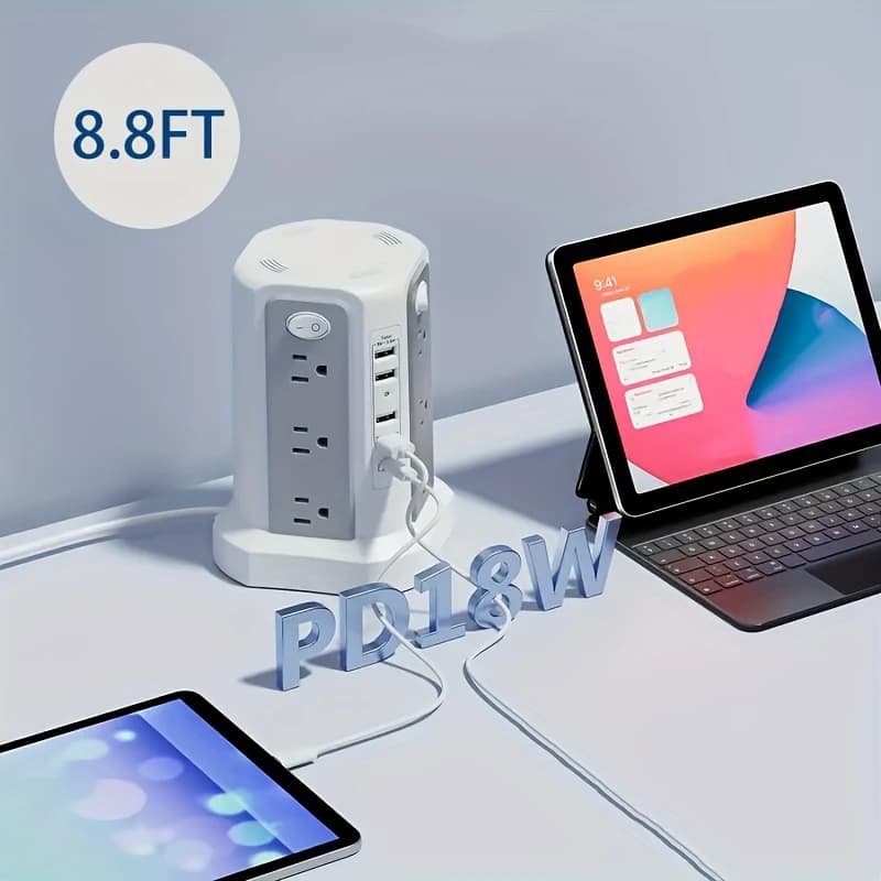16-Outlet Power Strip Tower with USB-C and Flat Plug