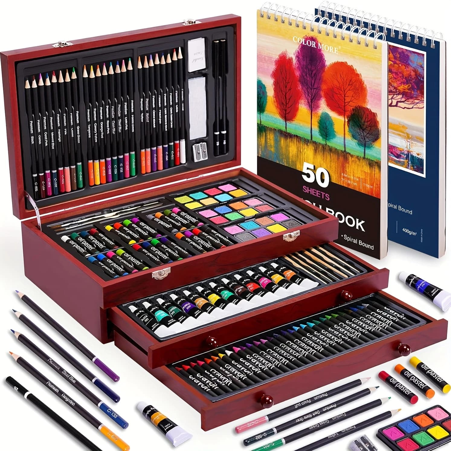 175-Piece Professional Art Set with Wooden Case & Pads